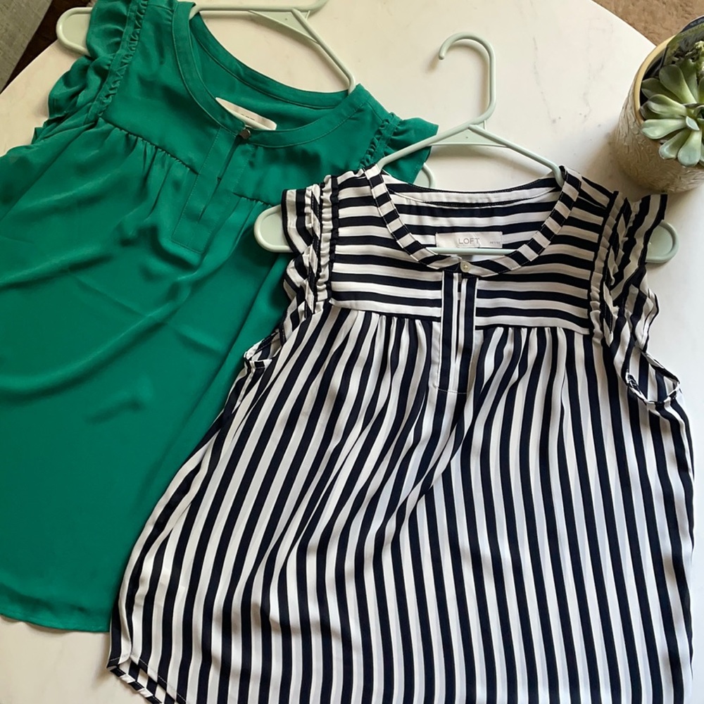 LOFT striped and green ruffle sleeveless dress top